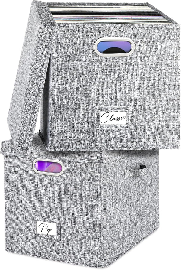 Vinyl Record Storage Box Set of 2, for 100+ Single LPs, Stackable Linen Crate with Lid, Document Organizer