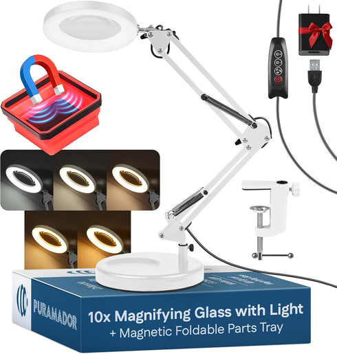 PURAMADOR 10X Magnifying Lamp - Desk Magnifying Glass with Light, Lighted Magnifying Glass