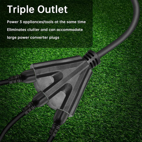 6FT Outdoor Extension Cord with 3 Electrical Power Outlets - 16/3 Durable Black Cable with 3 Prong Grounded Plug for