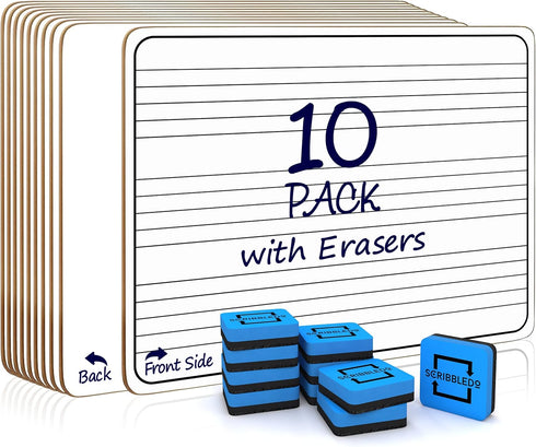 Scribbledo 10 Pack Dry Erase Music Staff Lap White Boards, 9"X12", Double Sided, Includes 10 Erasers