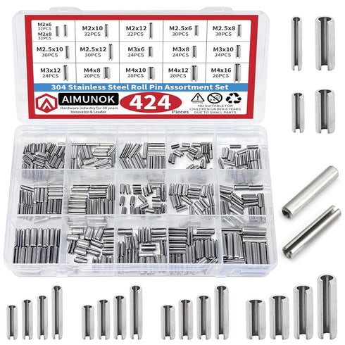 424Pcs Stainless Steel Needle Roller Assembly Set, Slotted Spring Pin and Spring Dowel Tension Roll Pins Assortment