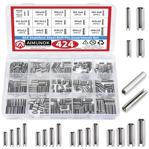 424Pcs Stainless Steel Needle Roller Assembly Set, Slotted Spring Pin and Spring Dowel Tension Roll Pins Assortment