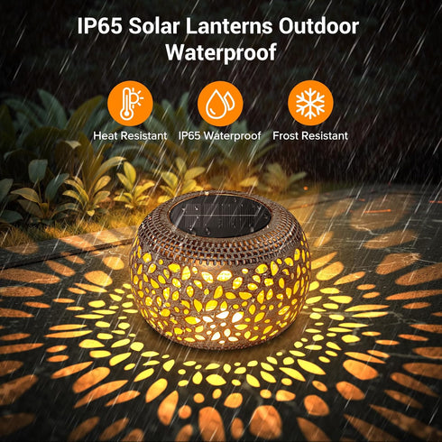 2 Pack Solar Table Lanterns Outdoor Waterproof: LED Lamps for Patio - White Hollow-Out Metal Retro Solar Light Decor
