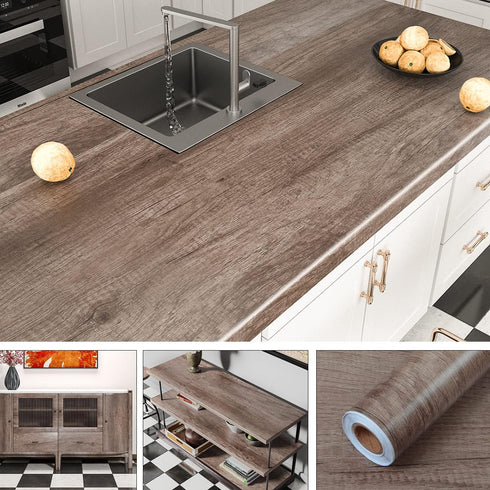 Classic Gray Oak Wood Wallpaper, 85''x15.8'' Peel and Stick Waterproof Vinyl for Countertop and Cabinets