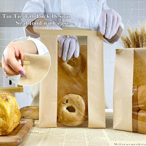 Packaging 25Pcs 13.7x8.2x3.5in Paper Bread Bags for Homemade with Window, Twist Tie&Sticker Ideal for Sourdough Bread