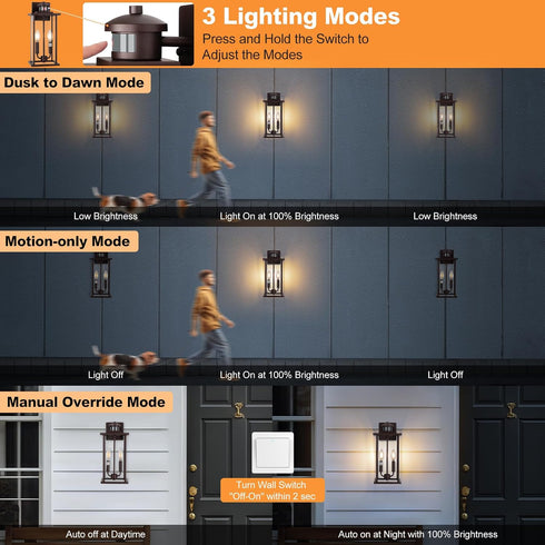 16" E12 Bulbs, 2 Pack) Motion Sensor Outdoor Wall Lights, Waterproof Large Exterior Sconce, Compatible with Base Modern