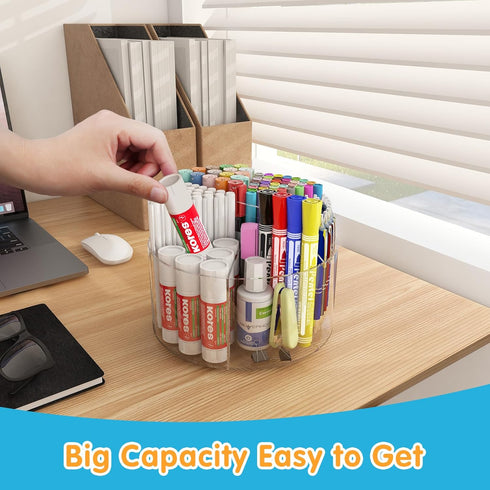 Large Acrylic Pen Holder, 360 Degree Rotating Desk Organizer with 6 Compartments, Office Marker Storage Caddy