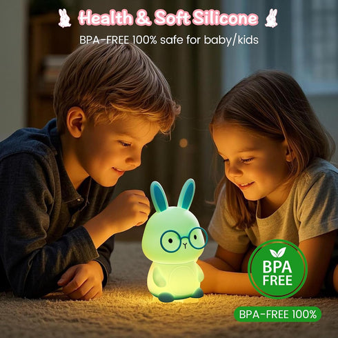 7-Color 3-Level Dimmable 30Min Bunny Night Light for Kids, Soft Silicone Nursery Lamp, Glow, Warm Light, Tap Control