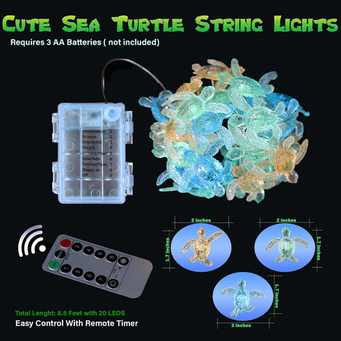 10ft 30LED JASHIKA Beach Theme Sea Turtle Fairy Lights Marine Life Waterproof Battery Operated String Lights Indoor