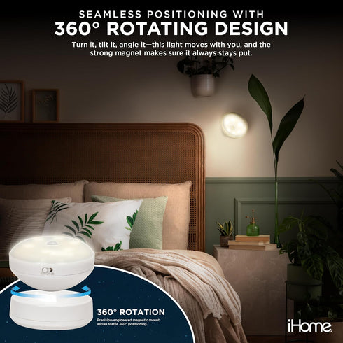 360 4000K iHome Rotating Motion Sensor Puck Light, Auto Mode & Always On Mode, Magnetic Detachable Base, Warm Glow