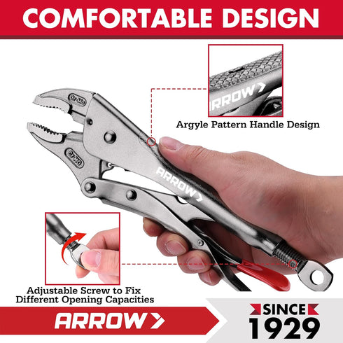 3-Piece Set 6.5" 7" 10" Arrow Locking Pliers - Long Nose and & Curved Jaw Locking Pliers, CR-MO Steel Construction
