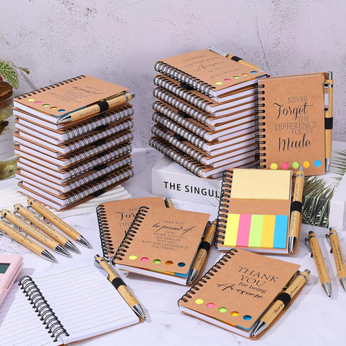 Employee Appreciation Gifts: 20 Spiral Notebooks with Sticky Notes, Thank You Journals, Inspirational Bamboo Ballpoint