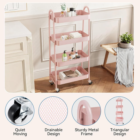 4-Shelf NEWBULIG Rolling Storage Cart, Metal Mobile Utility Organizer Shelf with Lockable Wheels, Space-Saving