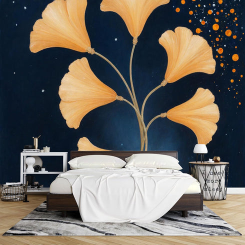 Agglomerix Custom Size Wall Murals Ginkgo Leaves Botanical Watercolor Dark Sky Sparkling Dots SelfAdhesive Removable