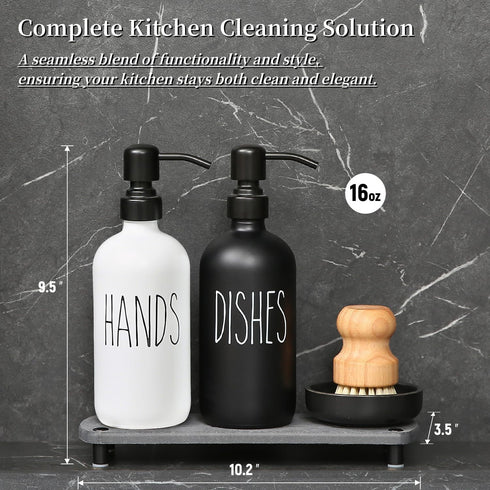 MOMEEMO Soap Dispenser for Kitchen Sink Comes with Stainless Pumps, Instant Dry Tray, and Dish Scrub Brush, Suitable