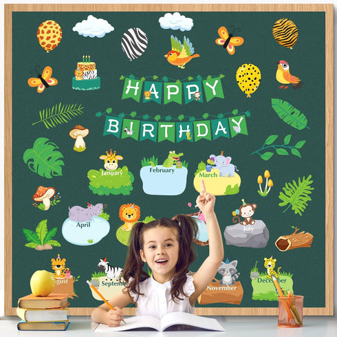 Sepamoon 35 Pcs Happy Birthday Posters, Safari Jungle Animals Bulletin Board Set for Classroom Birthday Decoration