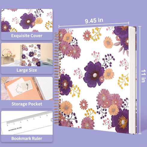 CAGIE Floral Spiral Notebook, 8.5 x 11, 200 Pages, Large Hardcover with Pockets for Women and Girls Note Taking, Purple