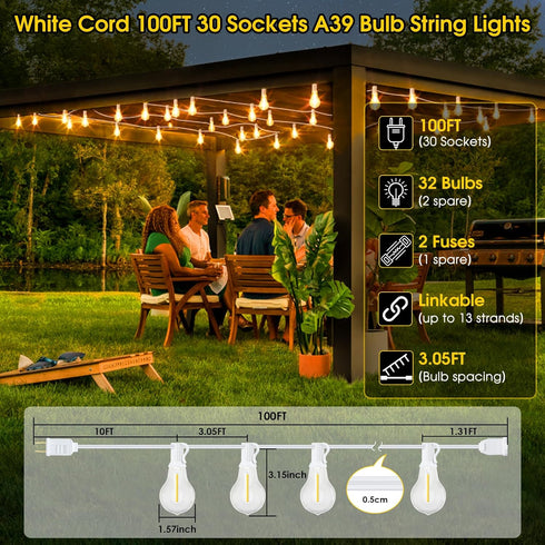 100FT 32 Dimmable A39 Bulbs(2 Larkvue Outdoor String Lights, LED Patio Lights with Waterproof Shatterproof Hanging