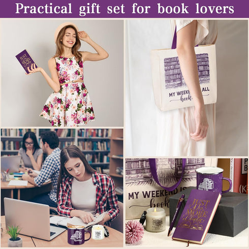 Set of 5 Book Lovers Gifts for Library Lovers' Day, A6 Journal Notebook with Ballpoint Pen, Canvas Tote Bag, Enamel