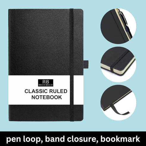 RICCO BELLO Classic College Ruled Notebook, Faux Leather Hardcover, 192 Lined Pages, 5.7 x 8.4-Inches, for Work, School