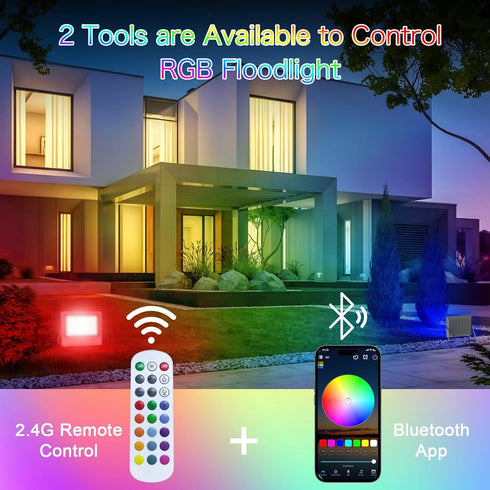 Changing,30W (300W Equivalent),3000LM, 2.4G Control,IP66 Waterproof,16 Sync,5000K,2-Pack RGB LED Flood Lights