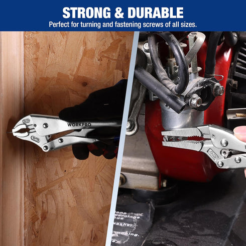 2-Piece Set, 6.5 Inch 10 Inch WORKPRO Locking Pliers Long Nose & Curved Jaw, CR-MO Steel Construction with Adjustable