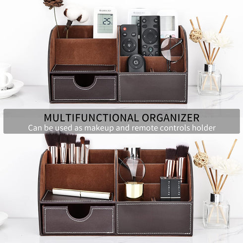 KINGFOM PU Leather Desk Organizer, Pen Pencil Holder Caddy Storage Box with Drawer, 6 Compartments (Brown)