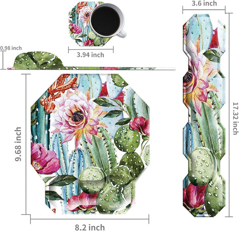 Cactus Succulent Keyboard Wrist Support Pad, Mouse Pad with Matching Coasters, Ergonomic Gel Memory Foam Cushion