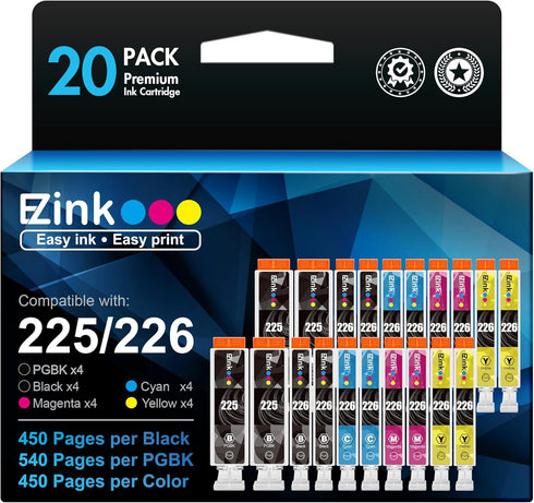 E-Z Ink Compatible Ink Cartridge Replacement for Canon PGI-225 CLI-226 (20 Pack: 4 Large Black, 4 Cyan, 4 Magenta, 4