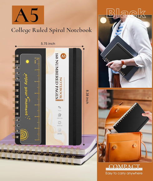 Lined Spiral Notebook Journal, 160 Numbered Pages A5 College Ruled, Plastic Hardcover for Work School