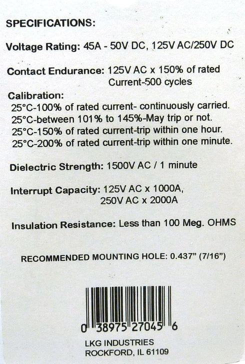 Philmore 45 Amp Push Button Manual Reset Thermal Circuit Breaker 50V DC, 250V AC