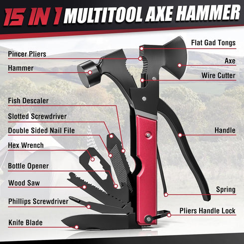 15 1 in Multitool Axe Hatchet, Valentines Day Gifts for Him Adults, Camping Accessories Survival Gear, Multi Tool