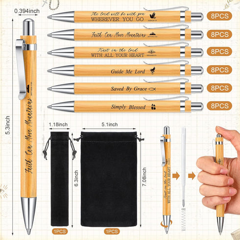 Bible Verse Bamboo Ballpoint Pen, Retractable Christian Pen with Black Ink, Inspirational Scripture, Velvet Bags (48