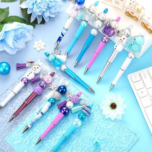 Qeeenar 12 Pcs Plastic Beadable Pens with 70 Pcs Colorful Beads Crystal Beads 12 Tassels 12 Pendants Assorted Bead Pens Bulk DIY Beaded Pens for Office School Women Kids Students Gifts (Snowflake)