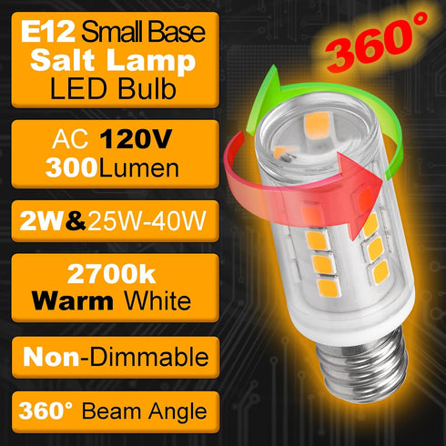 2W C7 E12 Bulb 300lm 2700K 120V E12 25W-40W Bulb, 2 Pack LED Salt Lamp Replacement Warm White Candelabra Base