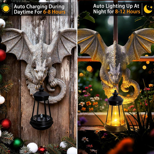 Dragon Tree Hugger Garden Statue - Resin Dragon Figurine Wall Hanger Sculptures Decor with Solar Lantern Lights