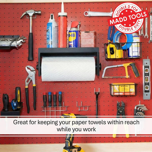 Pegboard Paper Towel Holder with Shelf, MADD Tools Black Pegboard Accessories Tool Holder Organizer, Peg Board