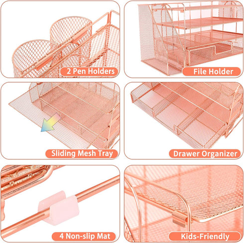 Desk Organizers and Accessories, 4-Tier Paper Tray Organizer with Drawer and 2 Pen Holders for Office Supplies