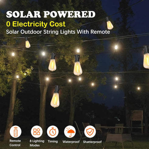 100FT 8 ST38 Bulb 30 Stright Solar Powered String Light with Remote Control Light Modes, Weatherproof Shatterproof LED