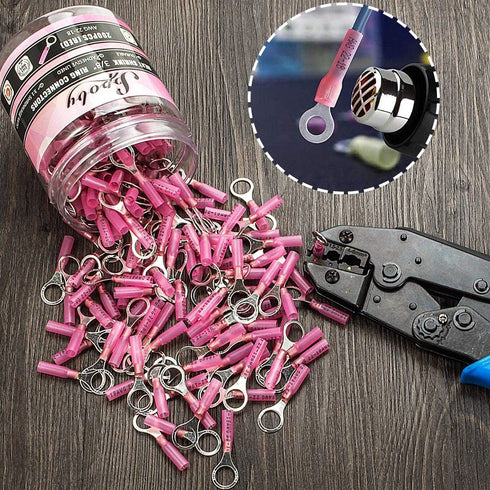 Sopoby 200PCS Heat Shrink Ring Connectors #10 Red 22-18 AWG - Heat Shrink Connectors Kit for Automotive Marine