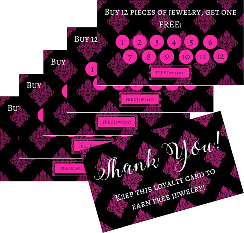 Jewelry Loyalty Cards | 50 Pack Thank You Notes Black Pink Fleur | 5 Bling Buy 12 Get One Free