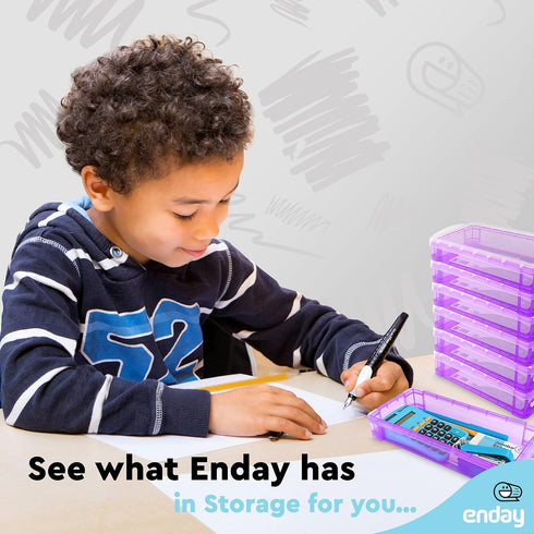 Enday Pencil Case Purple, Plastic Stackable Assorted Color Box, Large Capacity School & Office Supplies