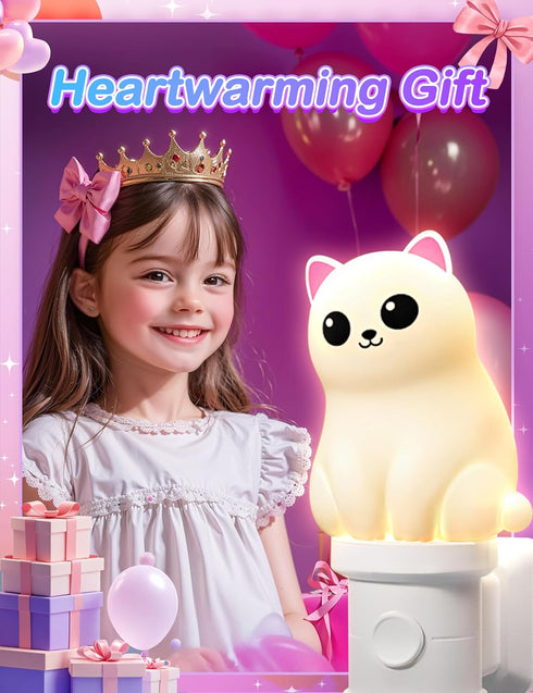 3D 3000K, 1 Pack KINDEEP Kids Night Light Plug in: Cute Cat Nightlight with Dusk to Dawn Sensor, RGB & Soft White