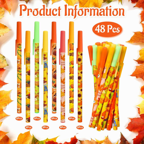 Harloon 48 Pcs Thanksgiving Pens, Bulk Fall Themed Ballpoint Pens, Autumn Maple Leaf Pumpkin Design for Party Favors