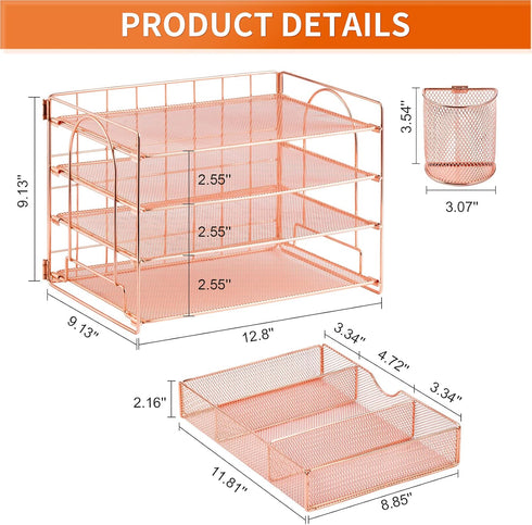 Paper Letter Tray Organizer with 4-Tier Desk Accessories, Workspace Organizers with Drawer & 2 Pen Holders