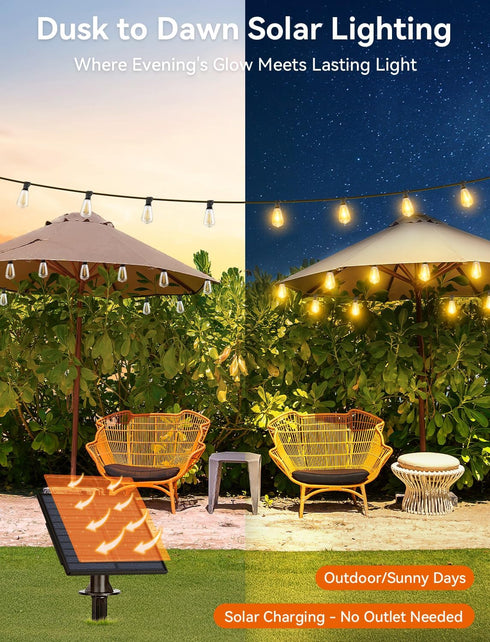 50FT 18+1 ST38 Bulbs, Dimmable&3 Brightever Solar String Lights Outdoor Waterproof, Patio Lights Solar Powered