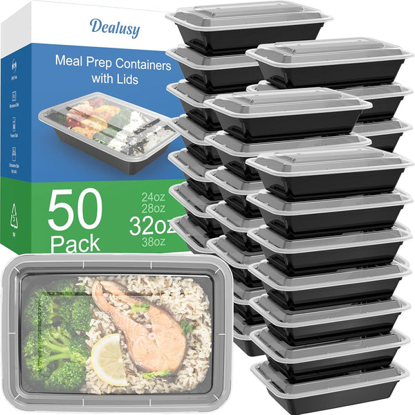 50 Pack (100-Piece) 32 oz Meal Prep Containers, Reusable with Lids, Sturdy Leakproof & Food Safe, Microwave &