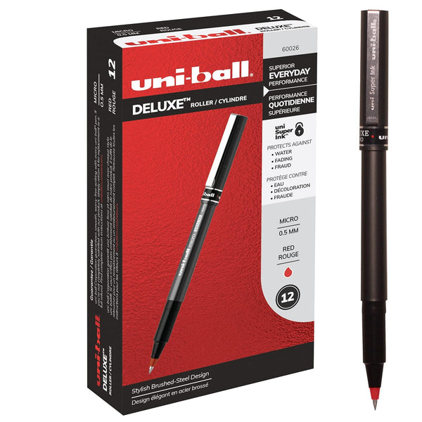 Uniball Deluxe Red Rollerball Pens, 0.5mm Micro Point, Pack of 12