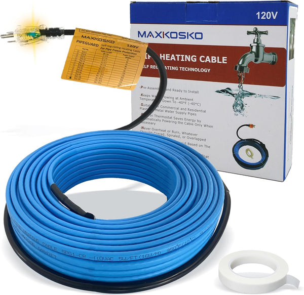 MAXKOSKO 6Ft. 120V Heat Tape for Water Pipes, Self-Regulating Heating Cable for Metal and Plastic Pipes