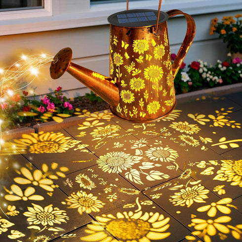 VOOKRY Solar Lights Outdoor Decoration, Large Retro Hanging Metal Solar Watering Can Lights Waterproof Sunflower Garden